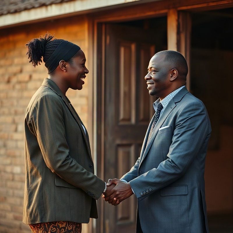 A team member shaking hands with a Kisumu resident at a doorstep consultation