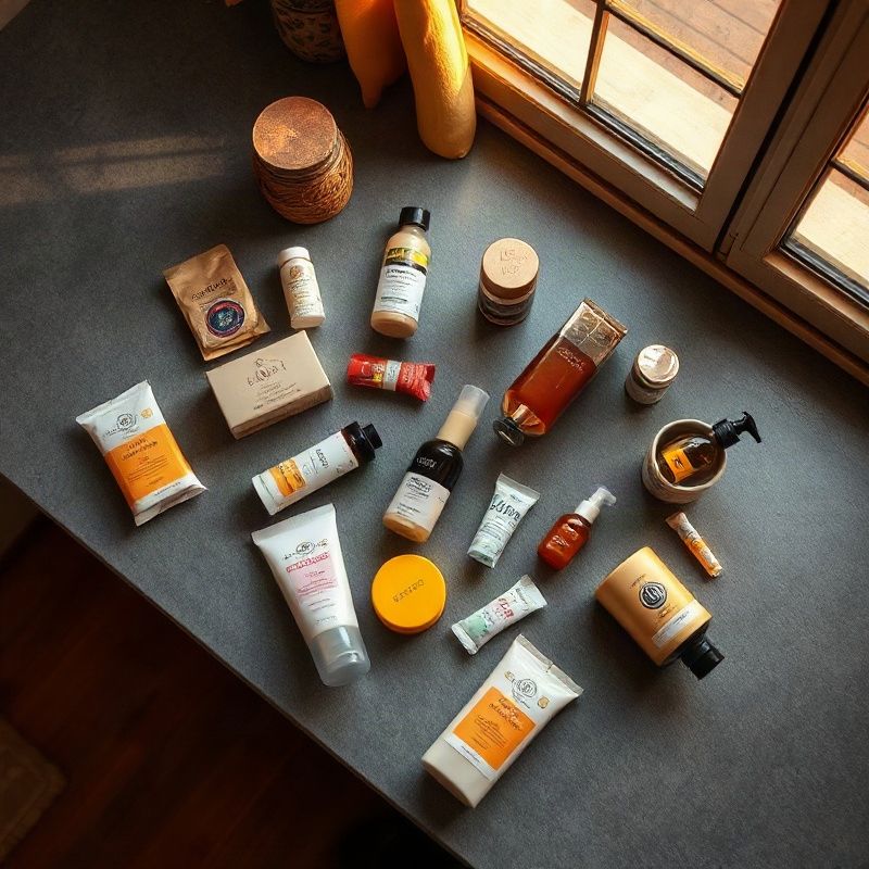 A curated flat-lay of everyday products on a slate-grey surface